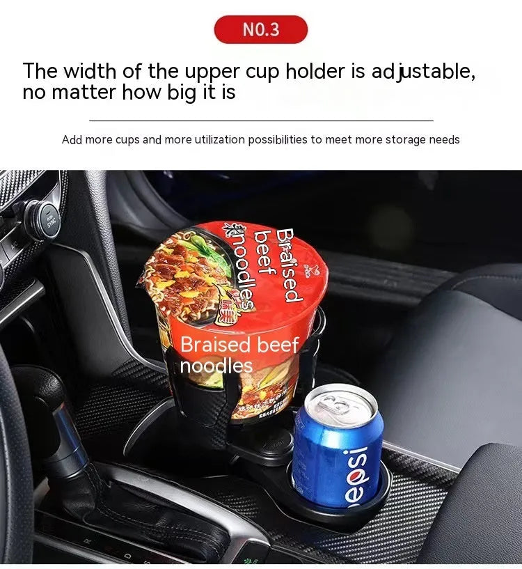 Double-layer rotating car cup holder in black, 11.6x8.7x19.1cm, on car centre console with water bottle