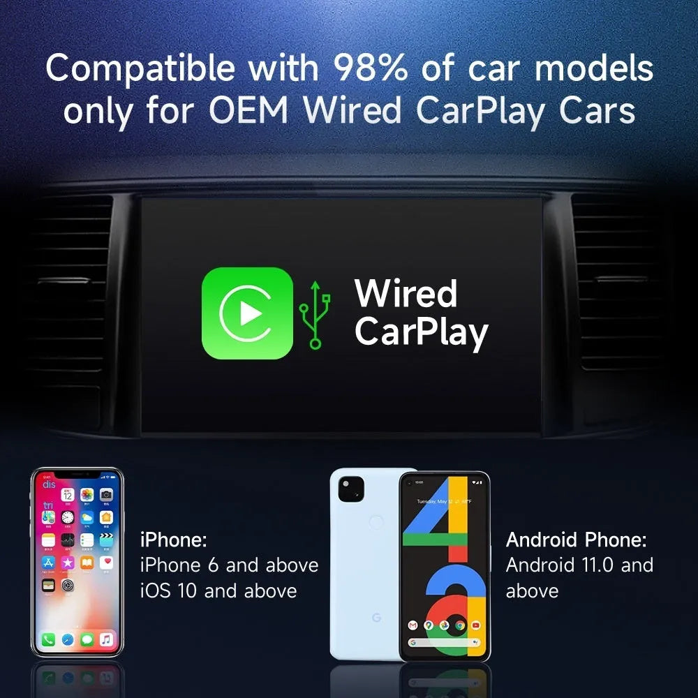 CarPlay wired to wireless AI box converter with ABS plastic housing measuring 110x80x35mm