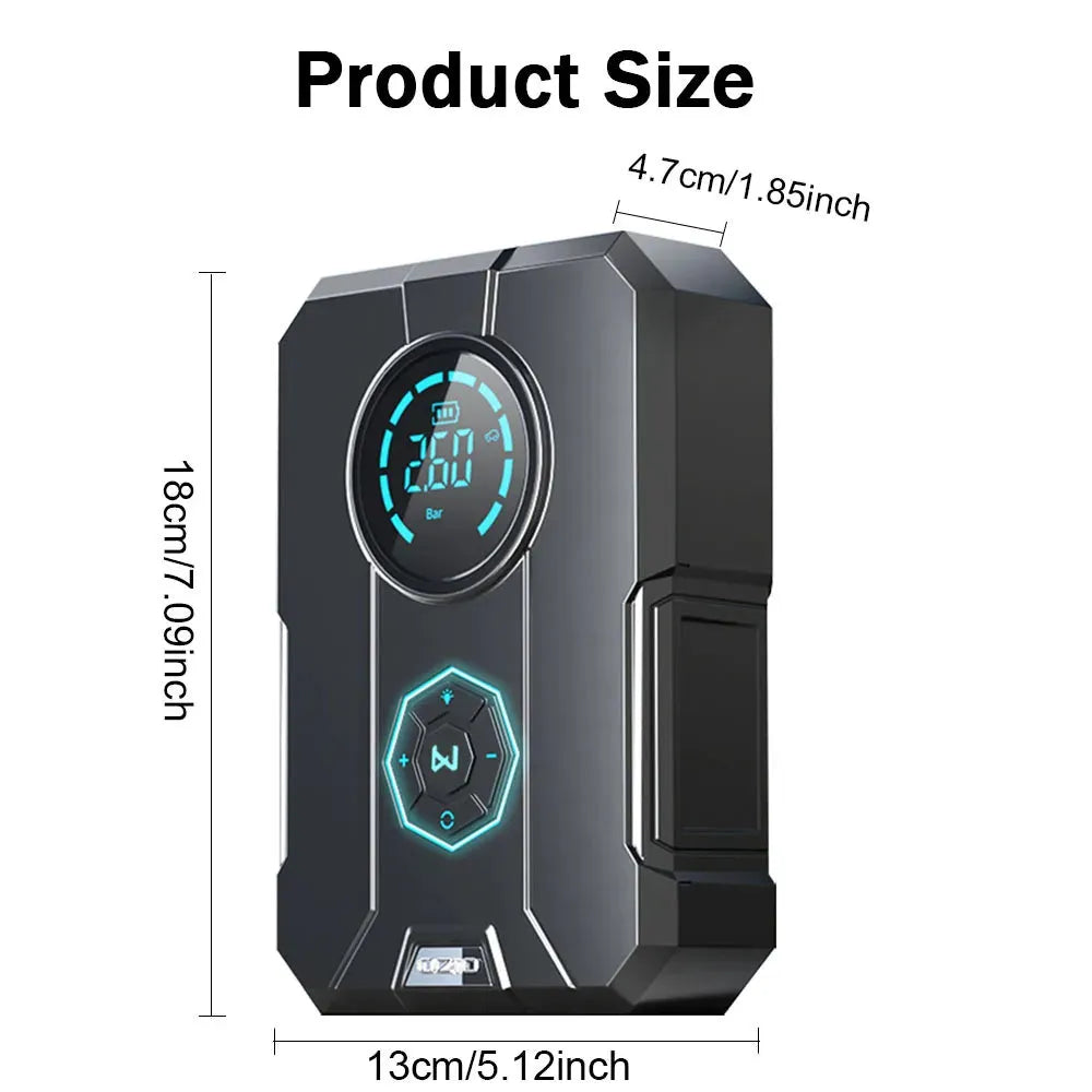 Portable wireless car tyre inflator with LED light and pressure gauge