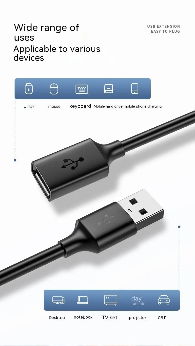 USB 3.0 extension cable male to female black PVC 0.5m length for printer and data transfer