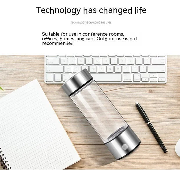 Silver hydrogen water bottle with borosilicate glass construction and electric hydrogen generator