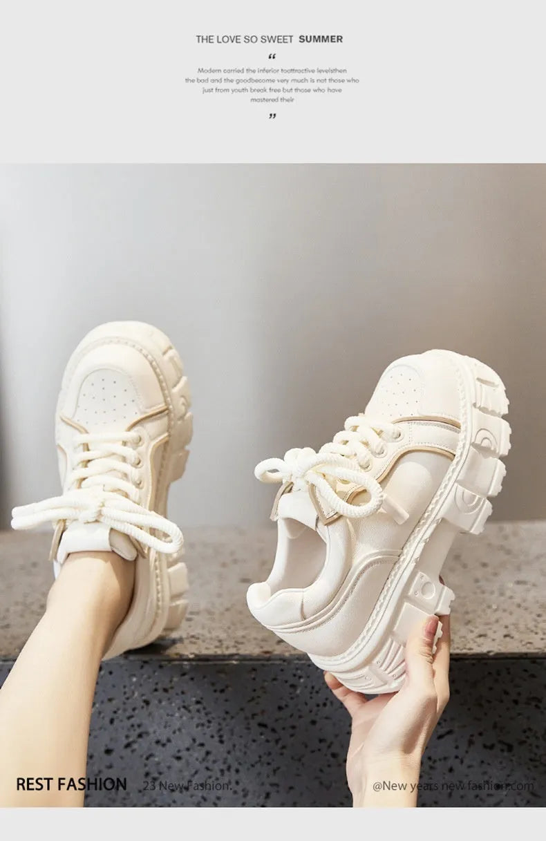 Beige or pink leather casual platform shoes with a muffin bottom rubber foam sole.
