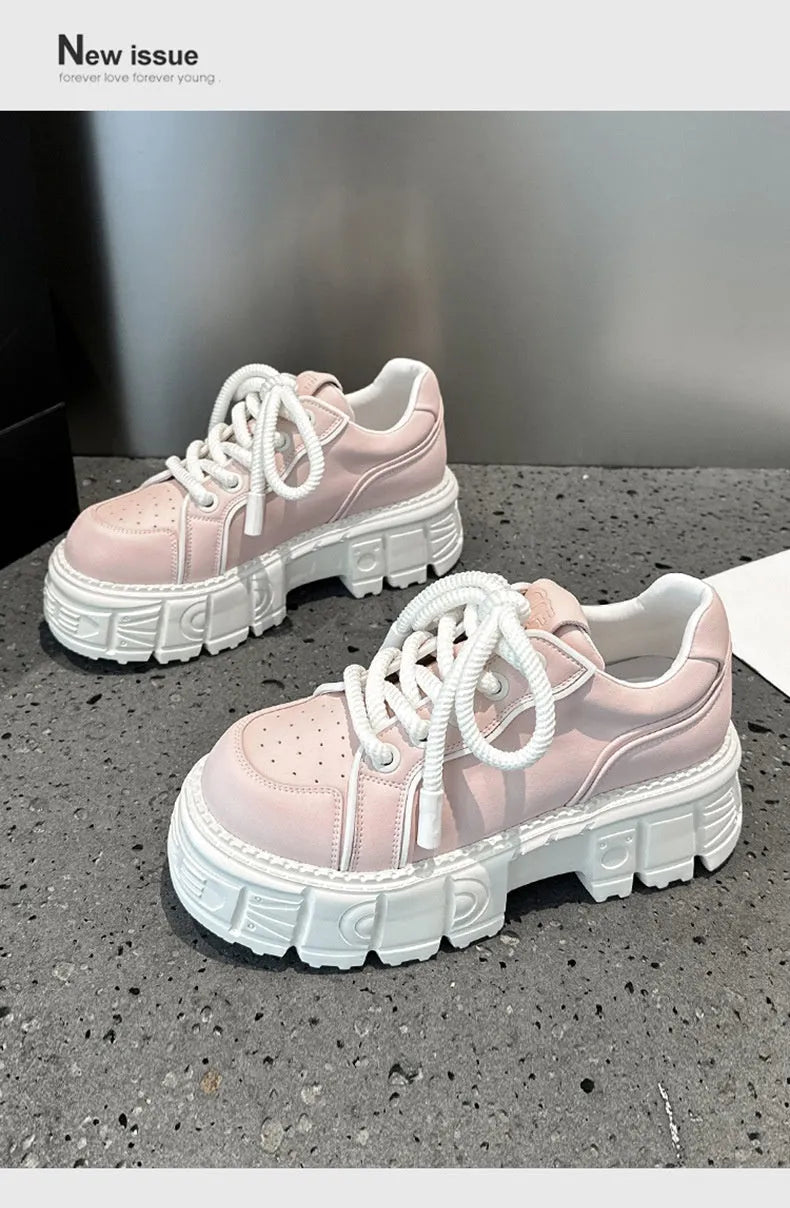 Beige or pink leather casual platform shoes with a muffin bottom rubber foam sole.