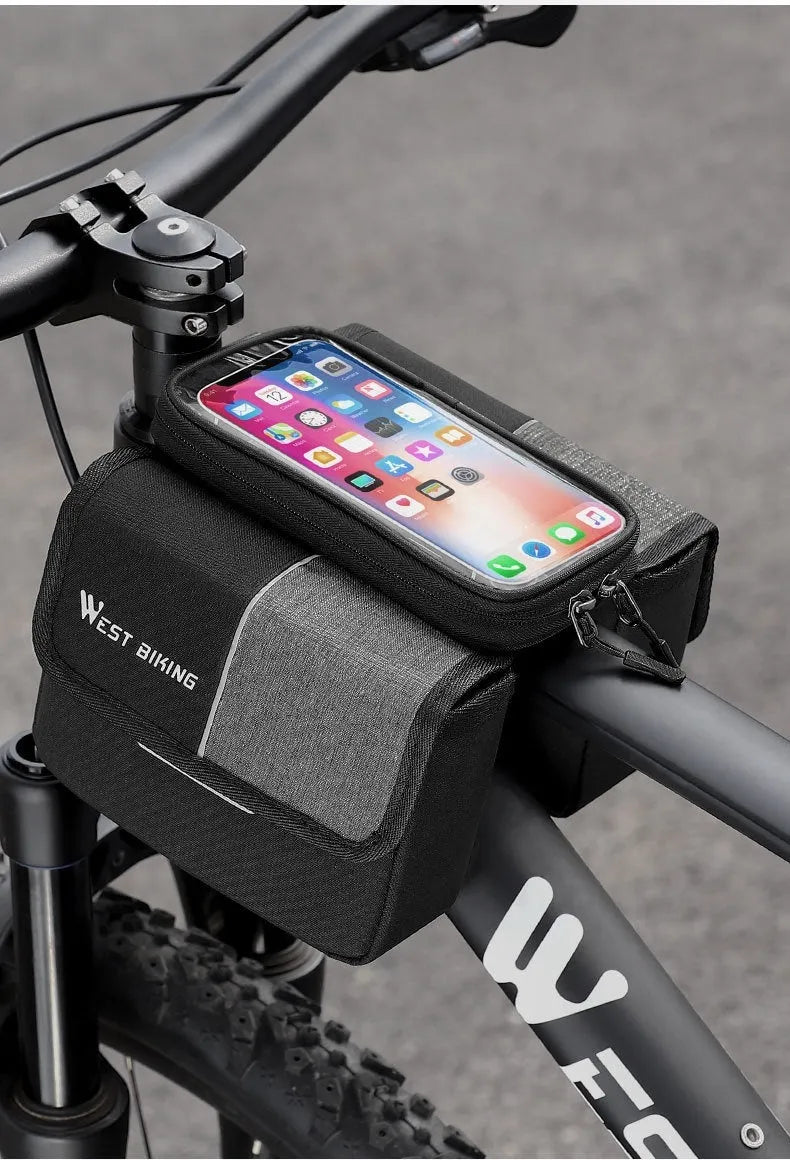 Black and grey Oxford cloth bicycle saddle bag with two separate storage tubes mounted under a bike seat.