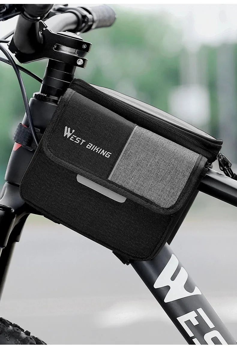Black and grey Oxford cloth bicycle saddle bag with two separate storage tubes mounted under a bike seat.
