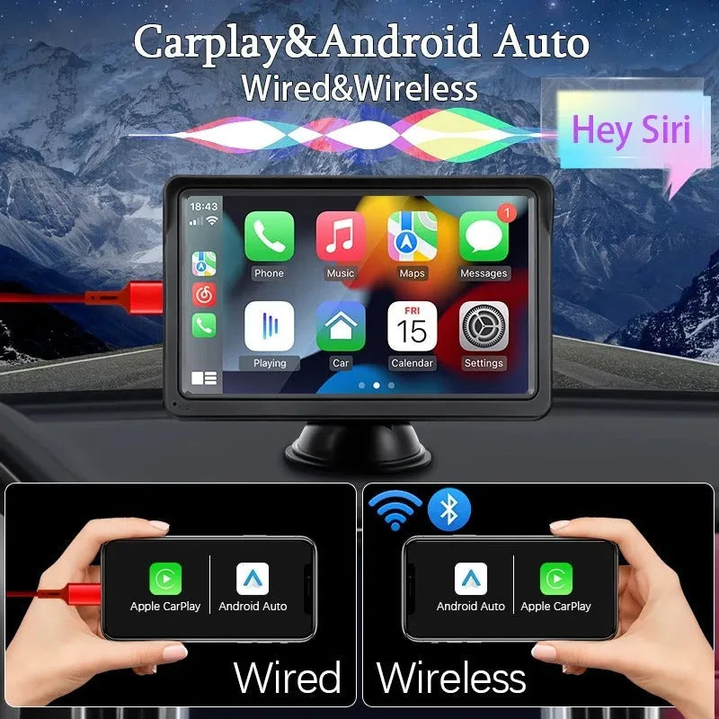 7-inch car display screen for dashboard with Wireless CarPlay and HD 1024x600 resolution