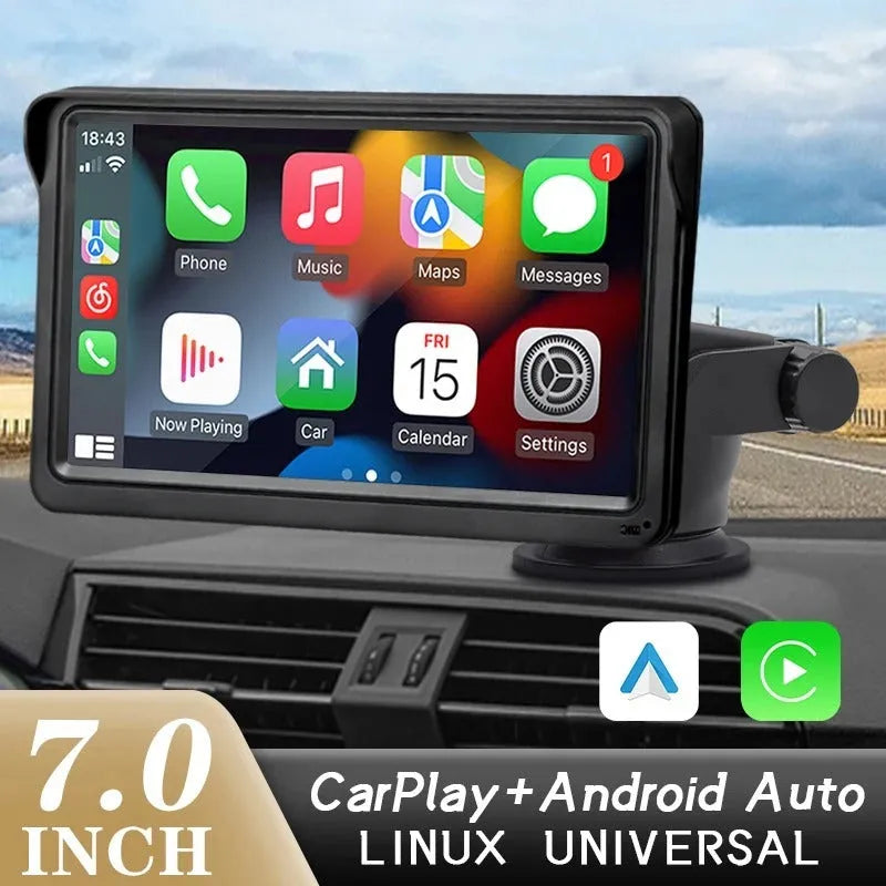7-inch car display screen for dashboard with Wireless CarPlay and HD 1024x600 resolution