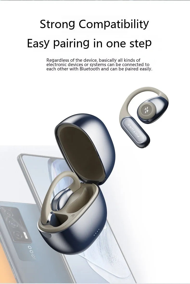 Wireless bone conduction headset in black and grey with ear hook design on blue background