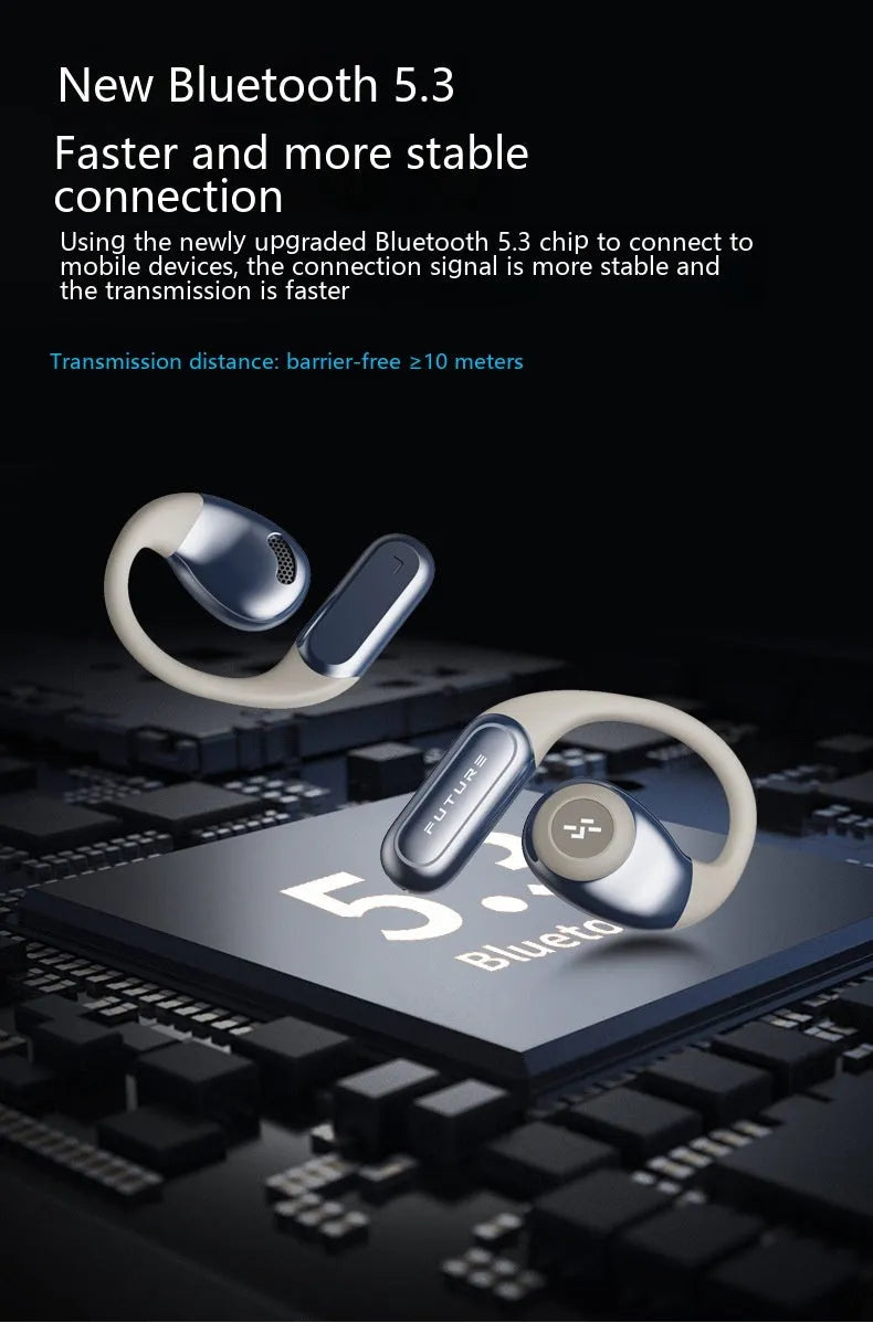 Wireless bone conduction headset in black and grey with ear hook design on blue background