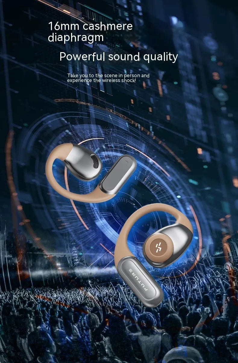 Wireless bone conduction headset in black and grey with ear hook design on blue background