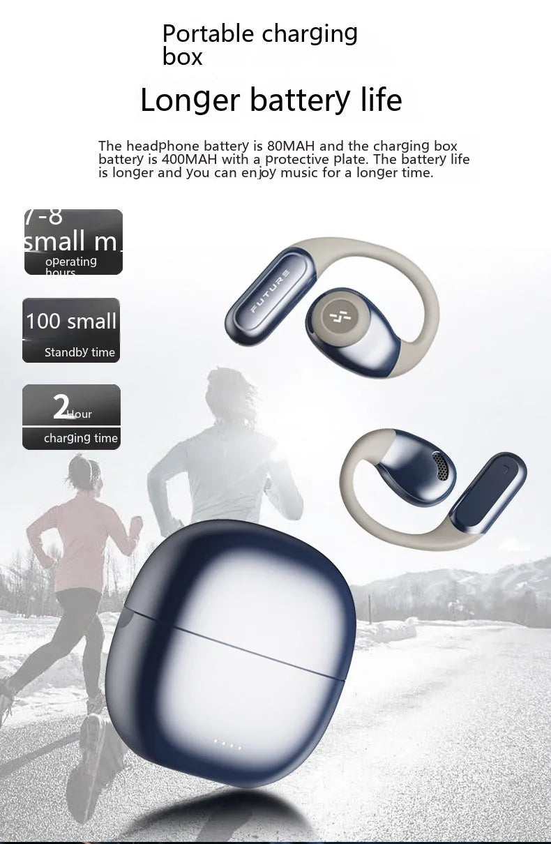 Wireless bone conduction headset in black and grey with ear hook design on blue background