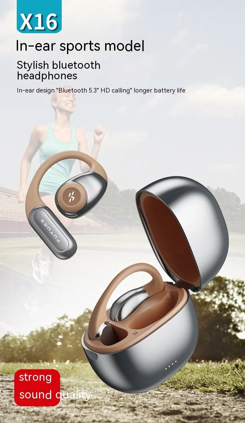 Wireless bone conduction headset in black and grey with ear hook design on blue background