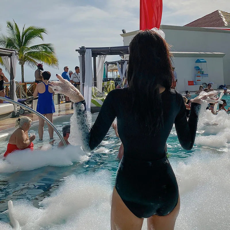 Black women's one-piece swimsuit made of nylon on a mannequin.