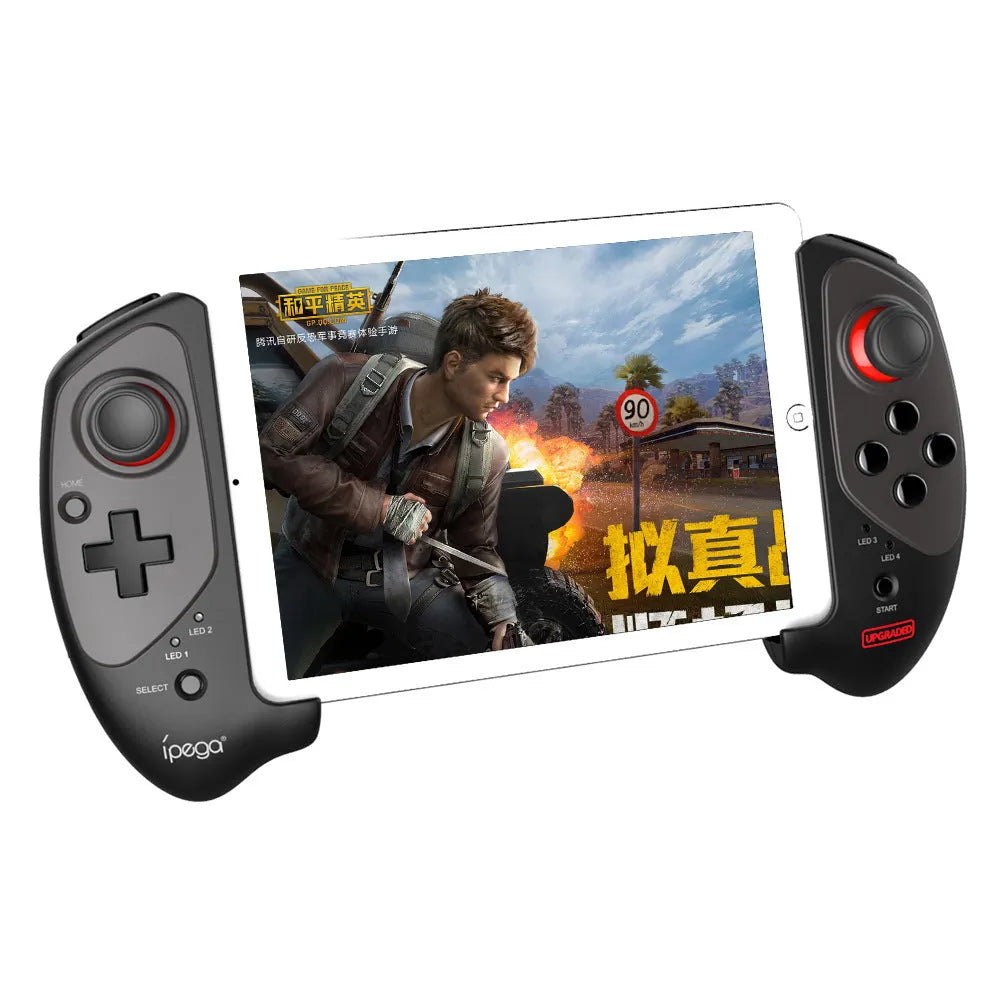 Red telescopic Bluetooth gamepad controller holding a smartphone for mobile gaming.