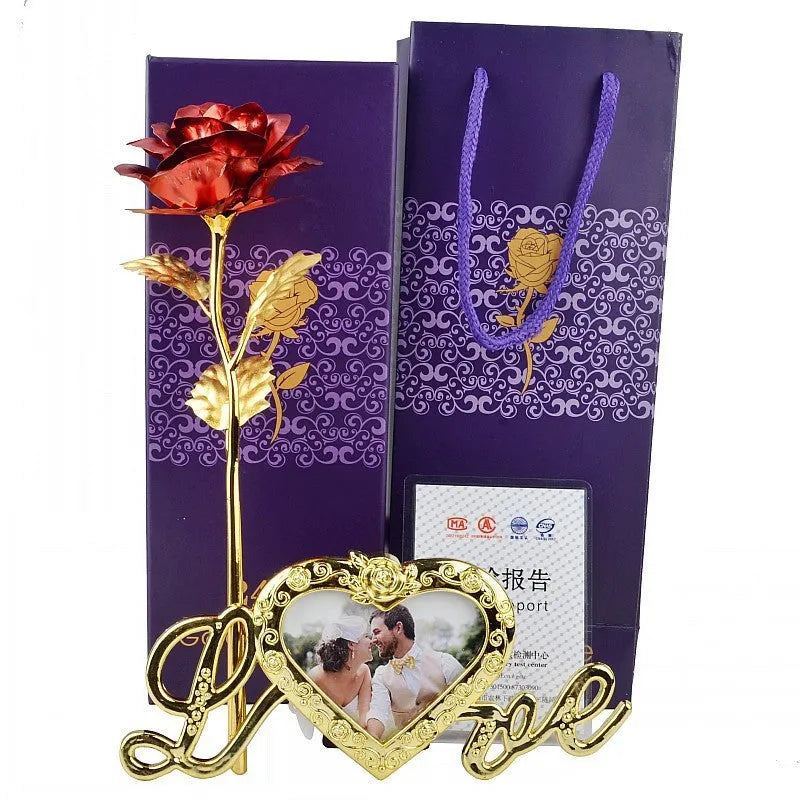Gold-plated artificial rose with velvet stem on neutral background, available in multiple colours