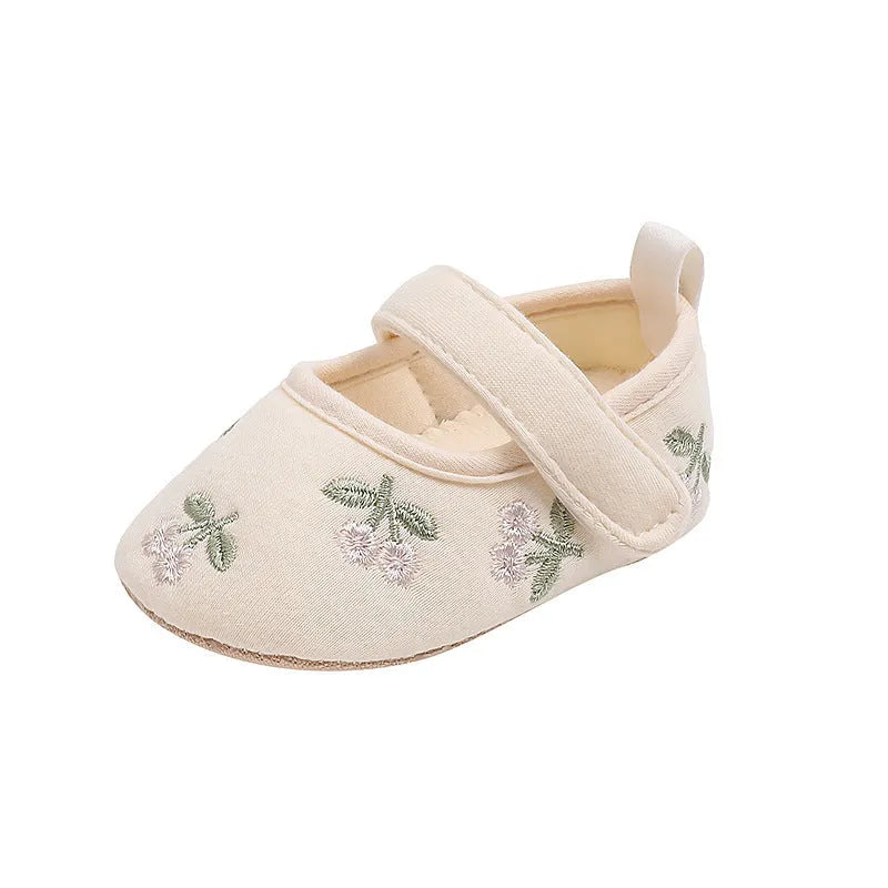 Baby girl cotton spring shoes with small flower embroidery in khaki, Velcro fastening, non-slip sole