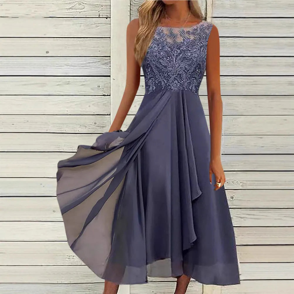 Women's sleeveless mid-length chiffon dress with lace stitching in blue, green, or purple.