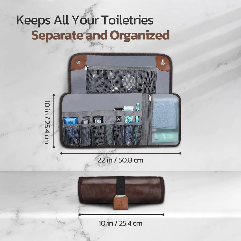 Men's black reel wash bag with zip closure for travel toiletries storage