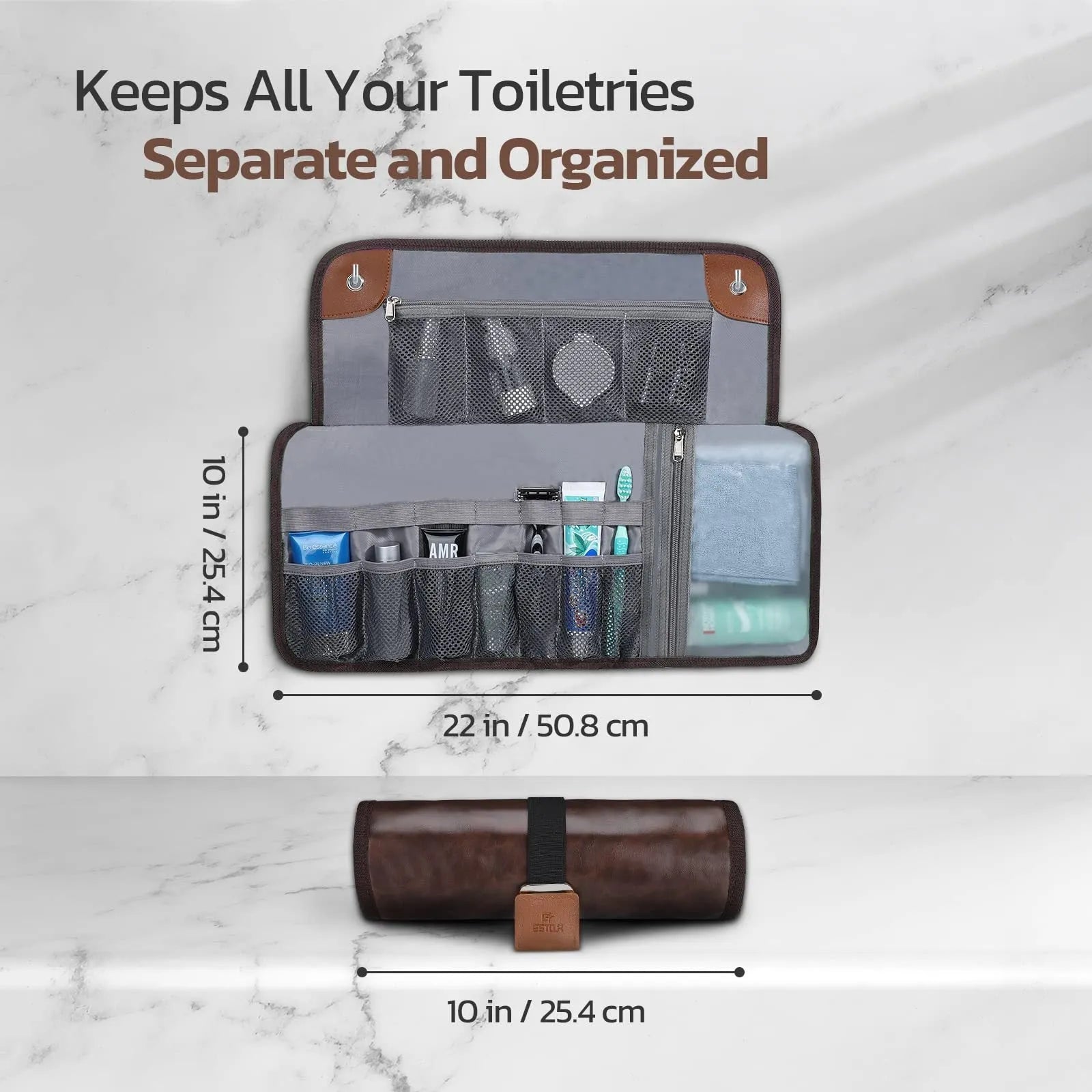 Men's black reel wash bag with zip closure for travel toiletries storage