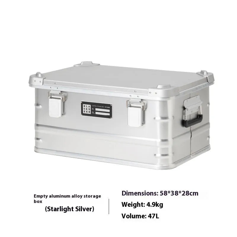 Field green aluminium alloy camping storage box with dimensions 58x38x28cm for outdoor equipment organisation