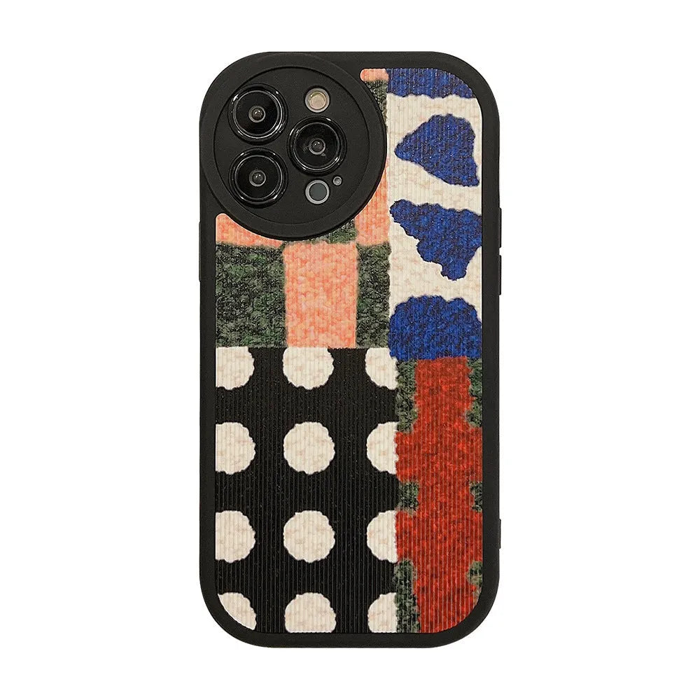 Art colour contrast patchwork TPU phone case in black leather style with fabric stitching for Apple iPhone