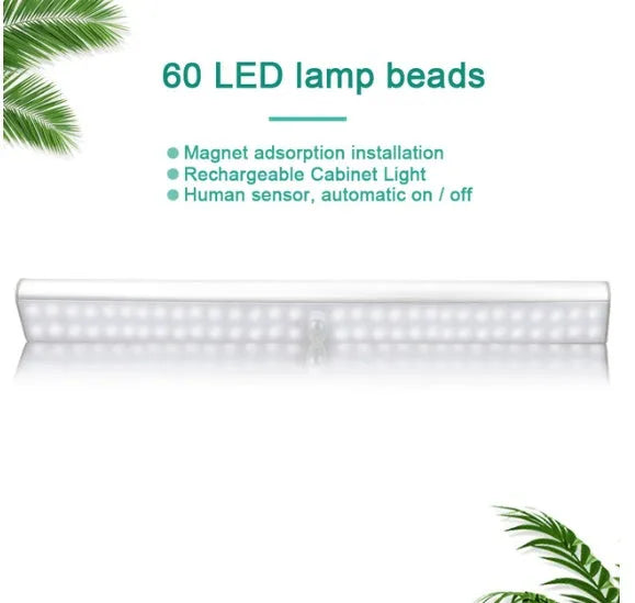 Rechargeable motion sensor LED light strip in cold white or warm white, showing 24, 40, and 60 bead length options.