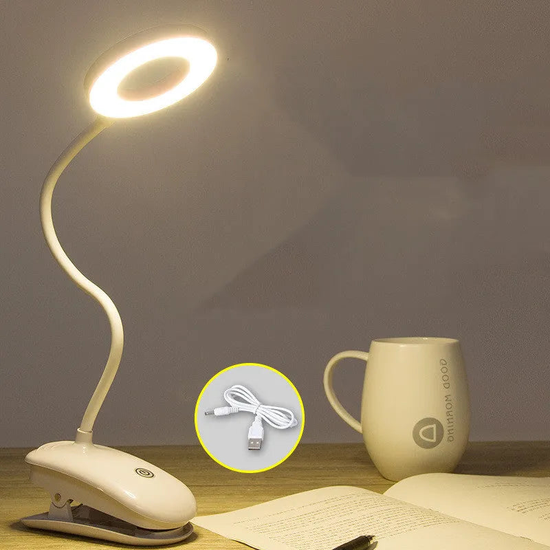 Clip-on rechargeable desk lamp with plastic shade and touch switch in a modern simple design
