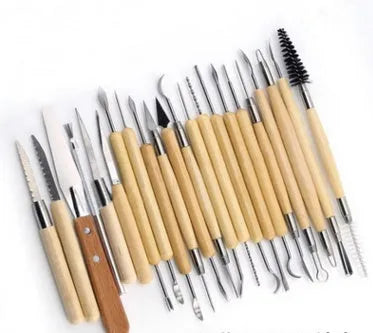 27-piece pottery clay tool set with stainless steel sculpting tools and wood plastic handles