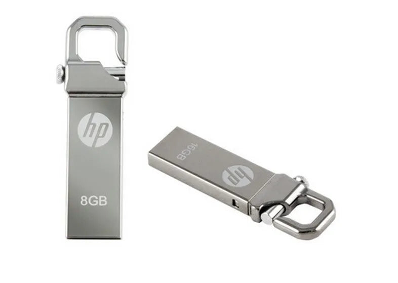 Metal USB flash drive with custom corporate logo, 48.6mm length, on a white background