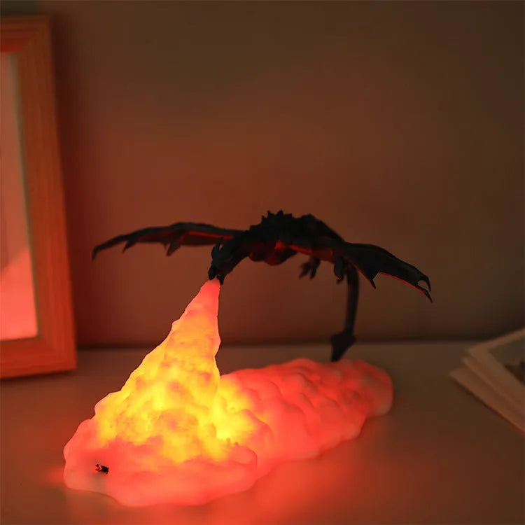 3D printed red dragon decorative lamp with glowing fire-breathing effect on a dark background