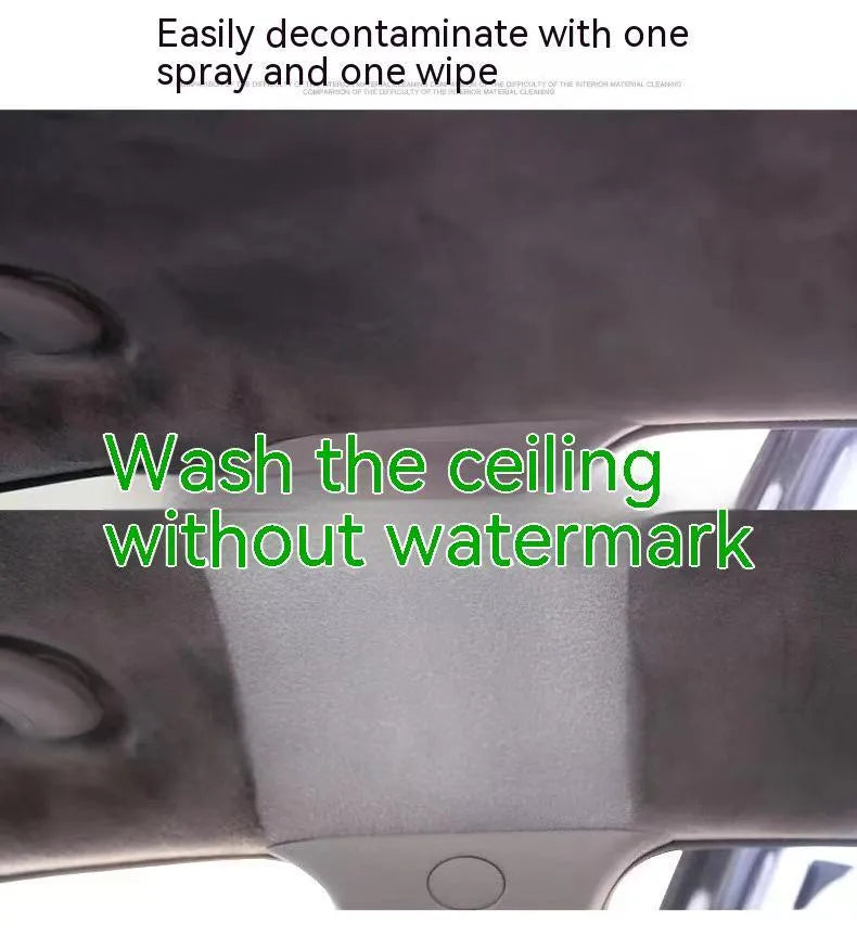 Wash-free fabric roof foam decontamination cleaner bottle with towel and sponge wipes for car interior cleaning.
