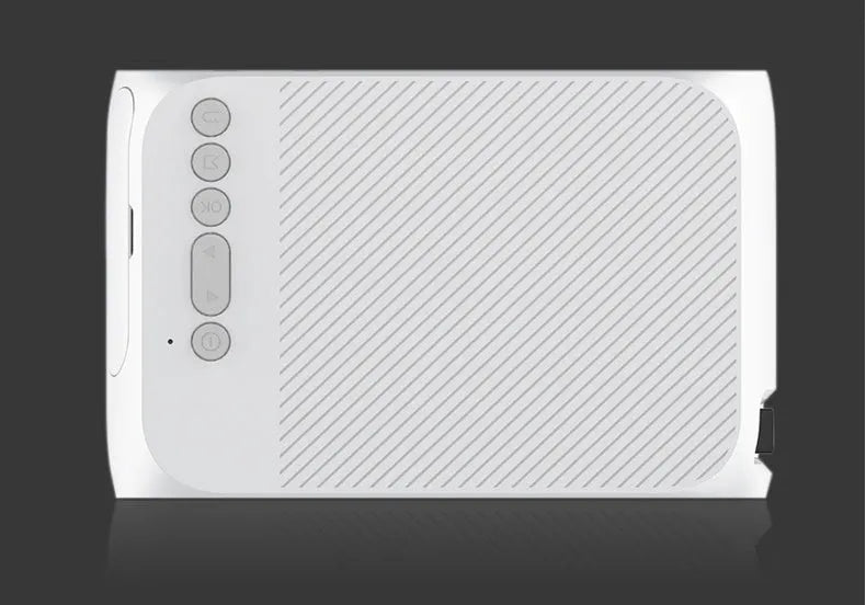 Mini HD 1080P projector with LED lens, 20-80 inch projection, black grey white, US EU style.