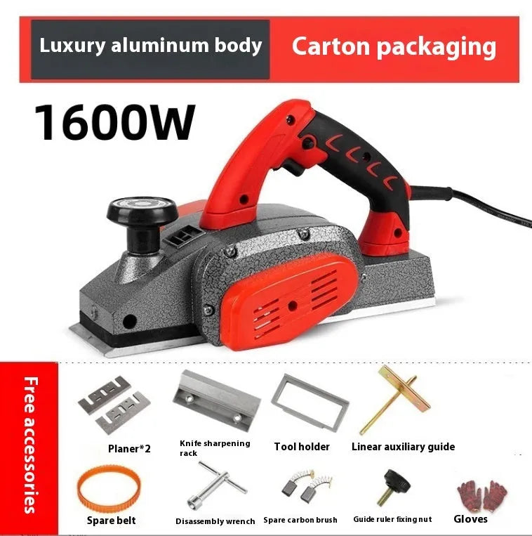 Red desktop electric wood planer with aluminium shell showing 82mm planing width