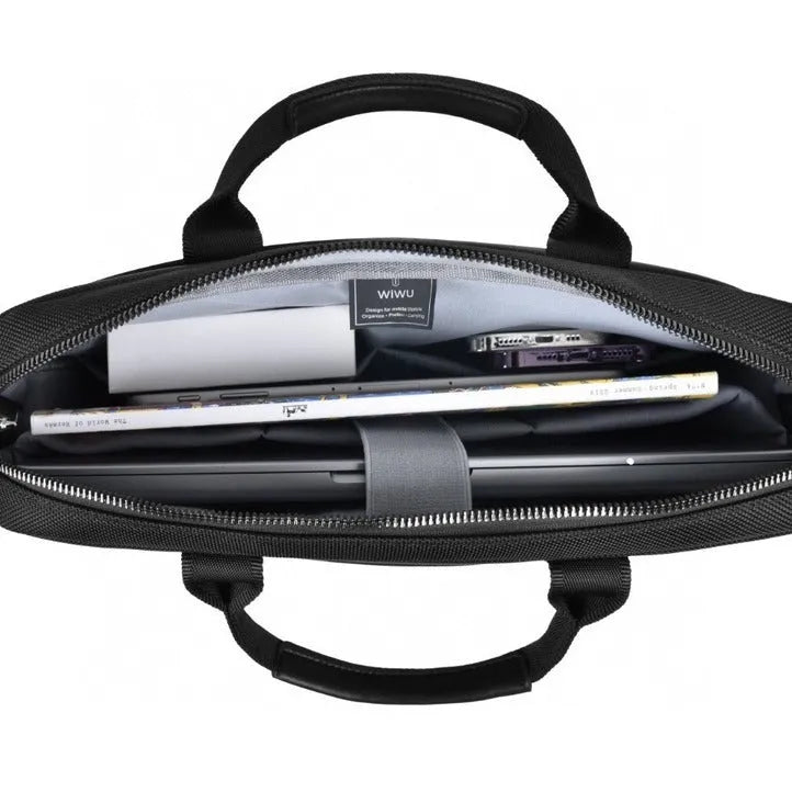 Black oxford cloth laptop handbag showing multiple internal pockets and a lock, suitable for a 14-inch or 15.6-inch computer.