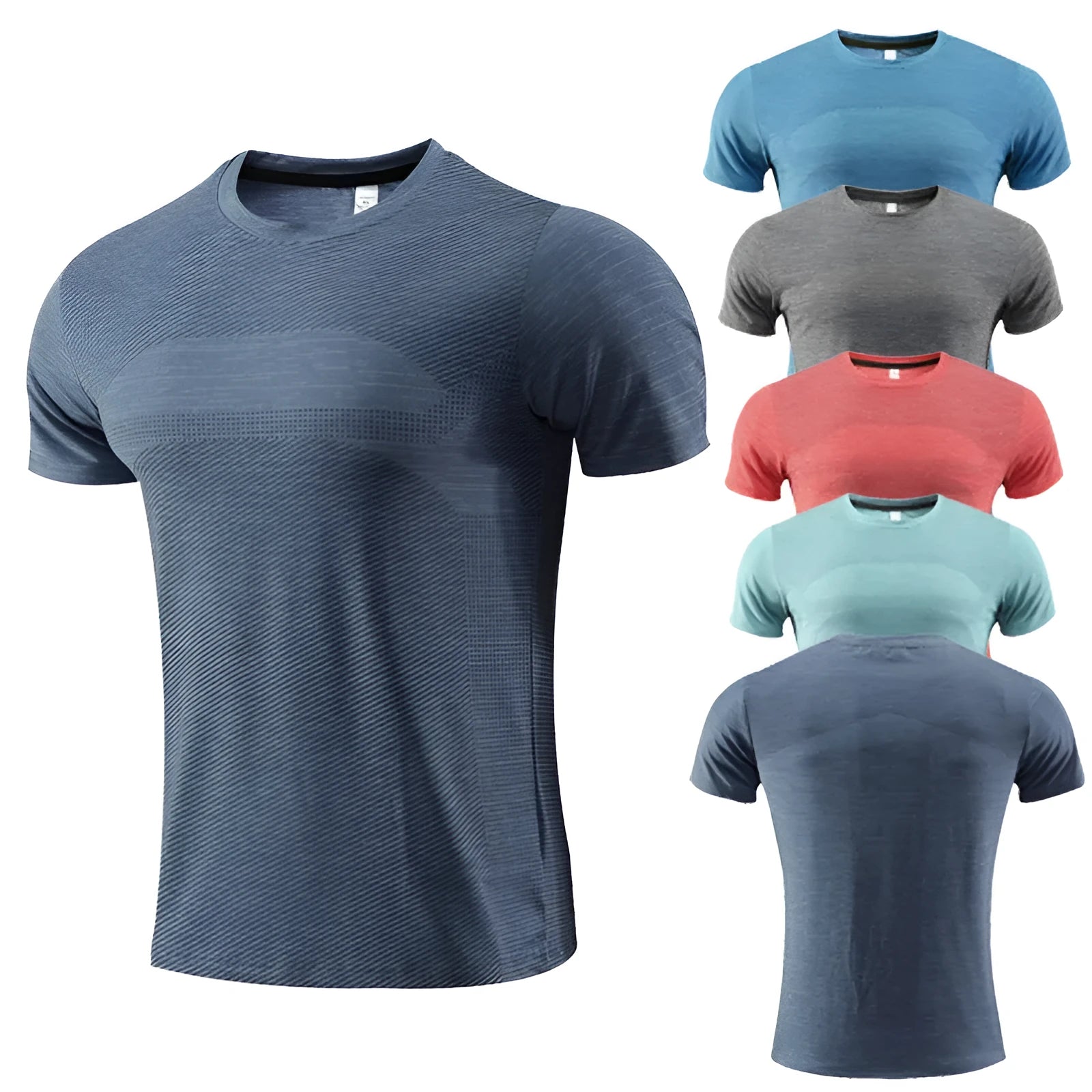 A short-sleeved red polyester spandex sports T-shirt laid flat, designed for running and workouts.