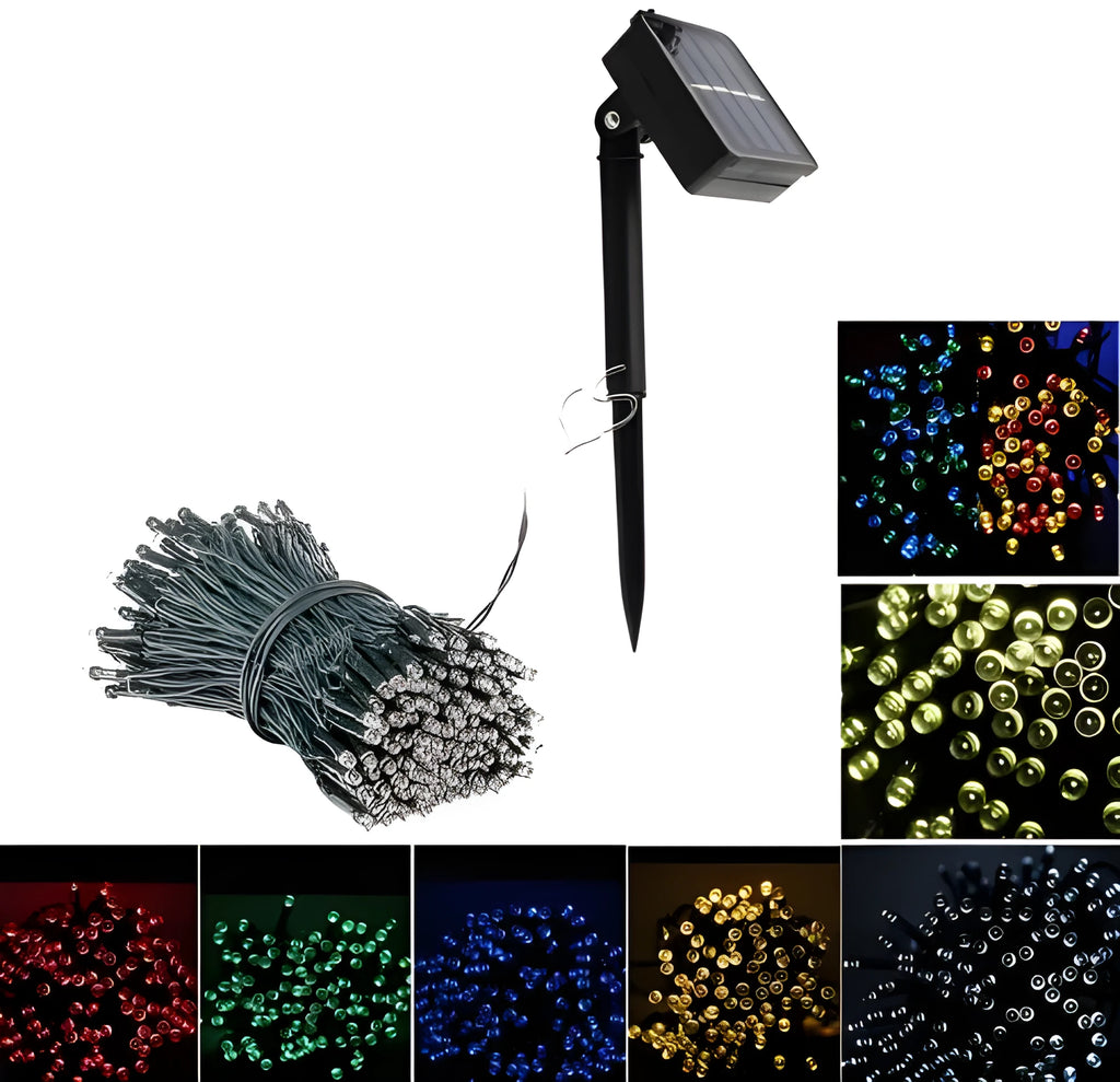 Solar LED string lights 12M 100 lights dark green PVC wire IP44 waterproof outdoor garden decoration