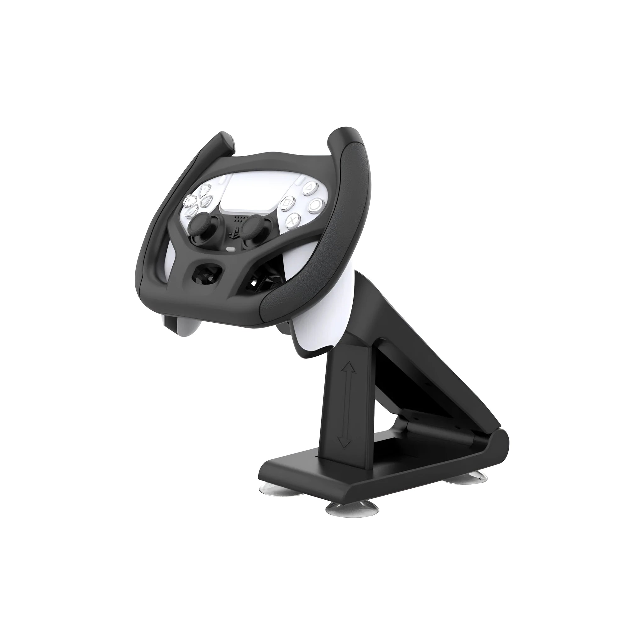 Black ABS gamepad steering wheel bracket with suction cup for mounting a smartphone.