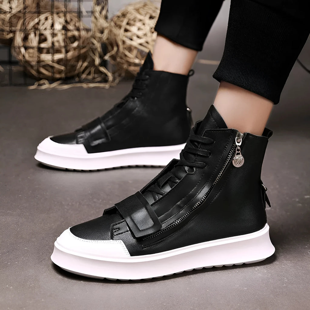 Men's black and white high-top style PU leather ankle boots on a size chart background.