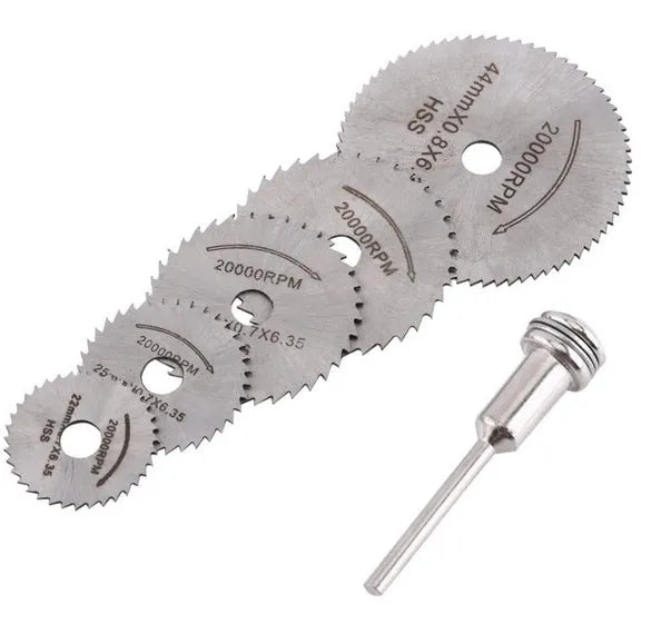 Six circular saw blades with mandrel on white background showing different diameters