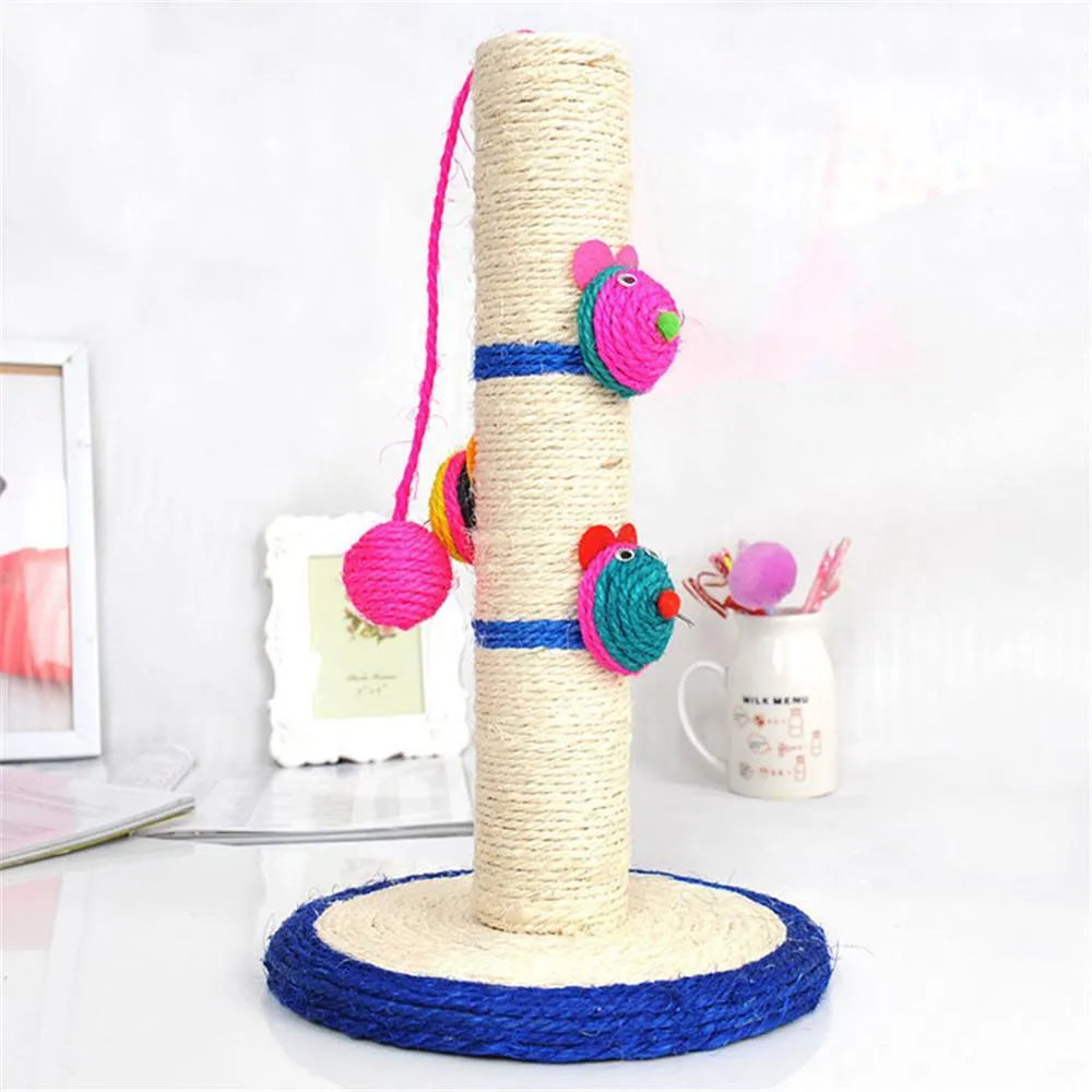 Blue sisal cat scratching post with round base and tall cylinder on a wooden floor