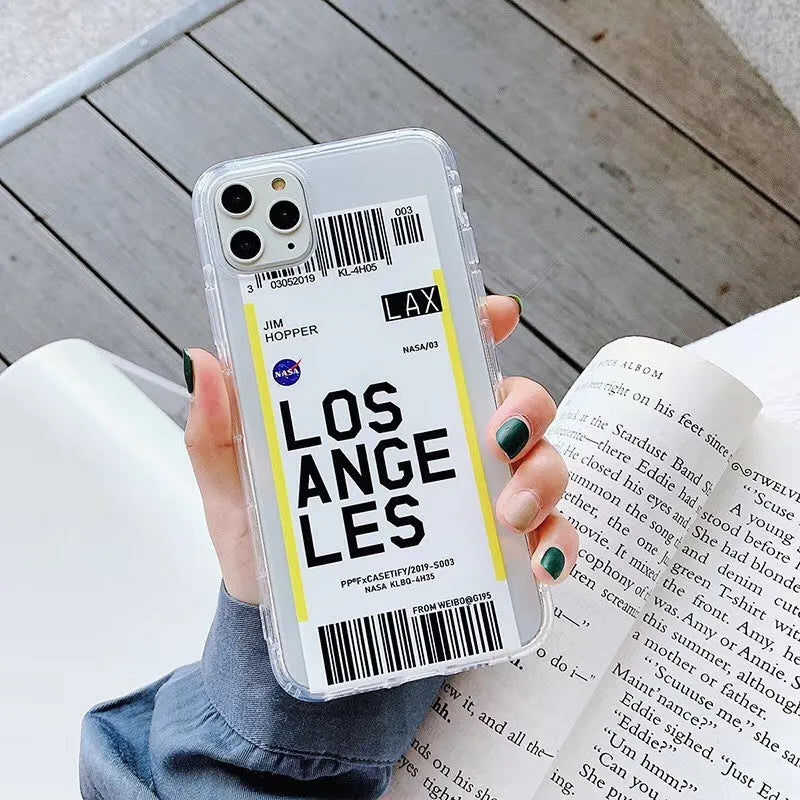 Clear transparent Ticket iPhone case with graffiti design on a smartphone