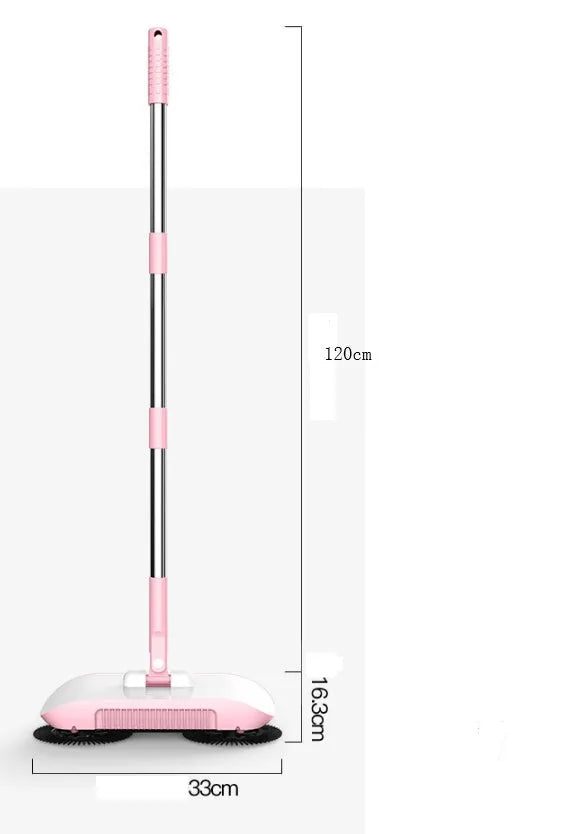3-in-1 hand push sweeper with 360-degree rotating brush in powder colour, suitable for wood and tile floors