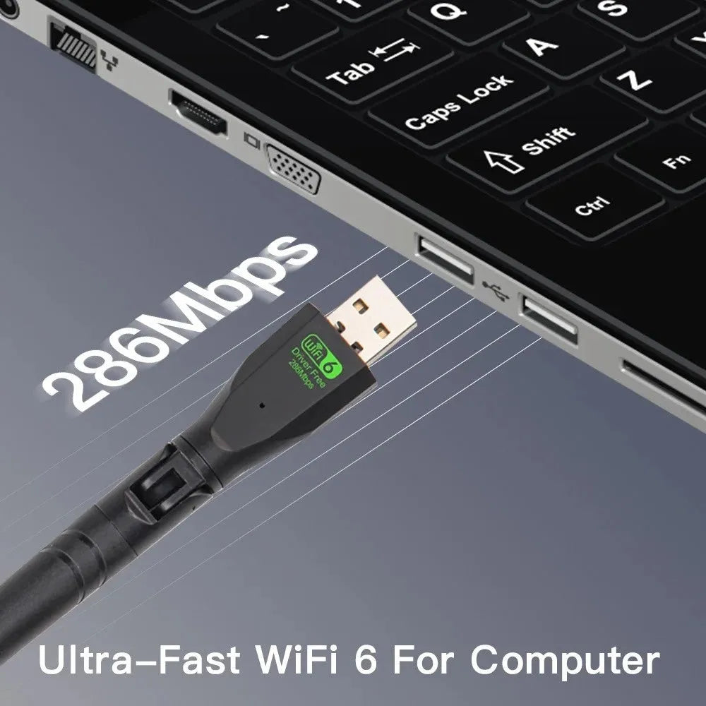 Black USB WiFi 6 wireless network card dongle for laptop and PC connectivity.