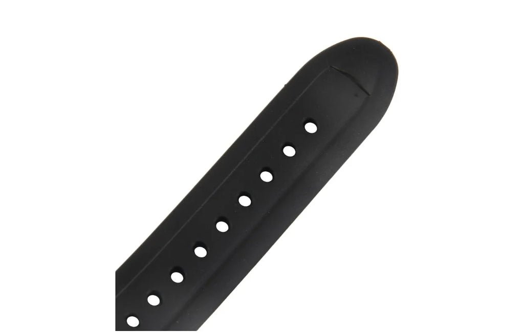 Black heart rate monitor watch with rubber strap and round dial, waterproof to 3 metres with chest strap