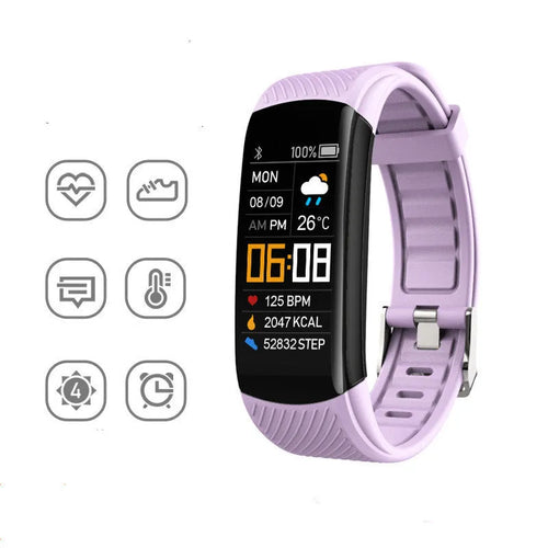 Adult sports silicone pedometer bracelet with a 0.96-inch touchscreen display on a wrist.
