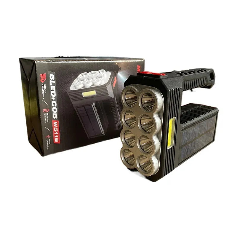 Solar rechargeable USB LED flashlight aluminium alloy 8 heads side light COB life-grade waterproof