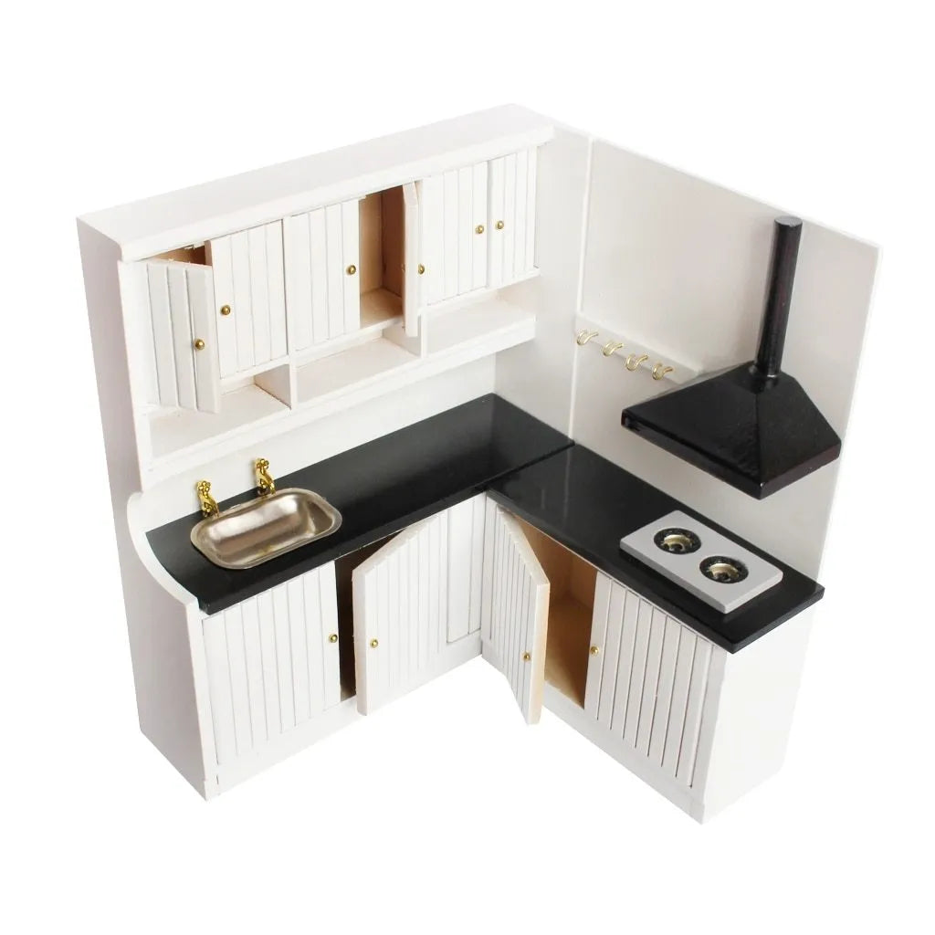 White birch dollhouse kitchen cabinets with working doors and metal handles, sink and stove units