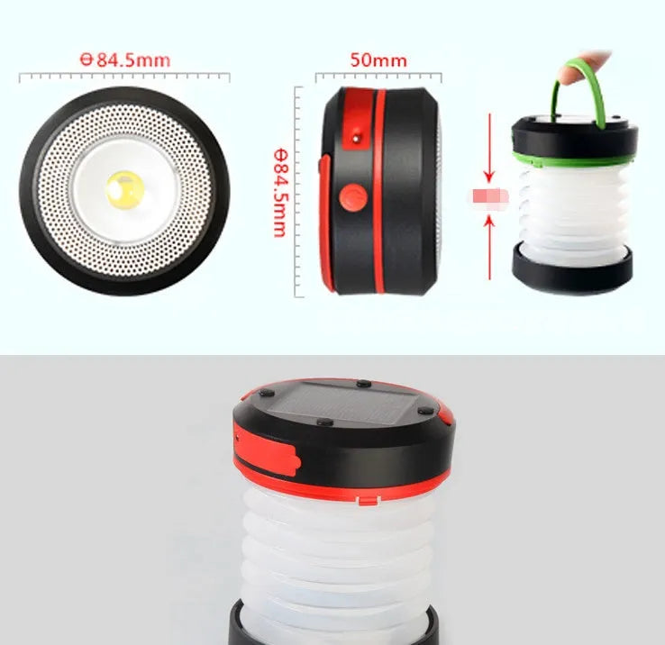 SolarBoom collapsible lantern in green with solar panel, collapsed for storage, on a wooden surface