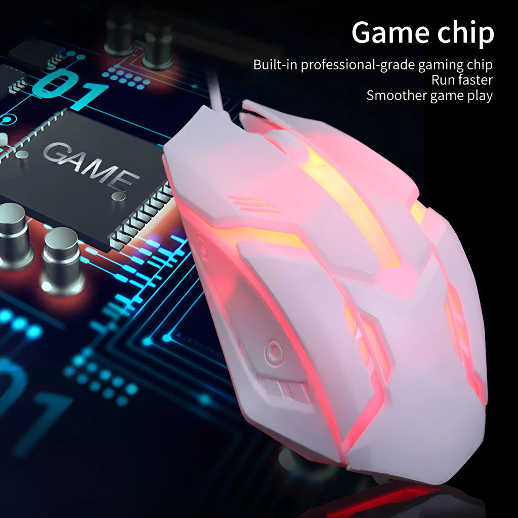 Black and white luminous wired optical mouse with USB cable on a desk
