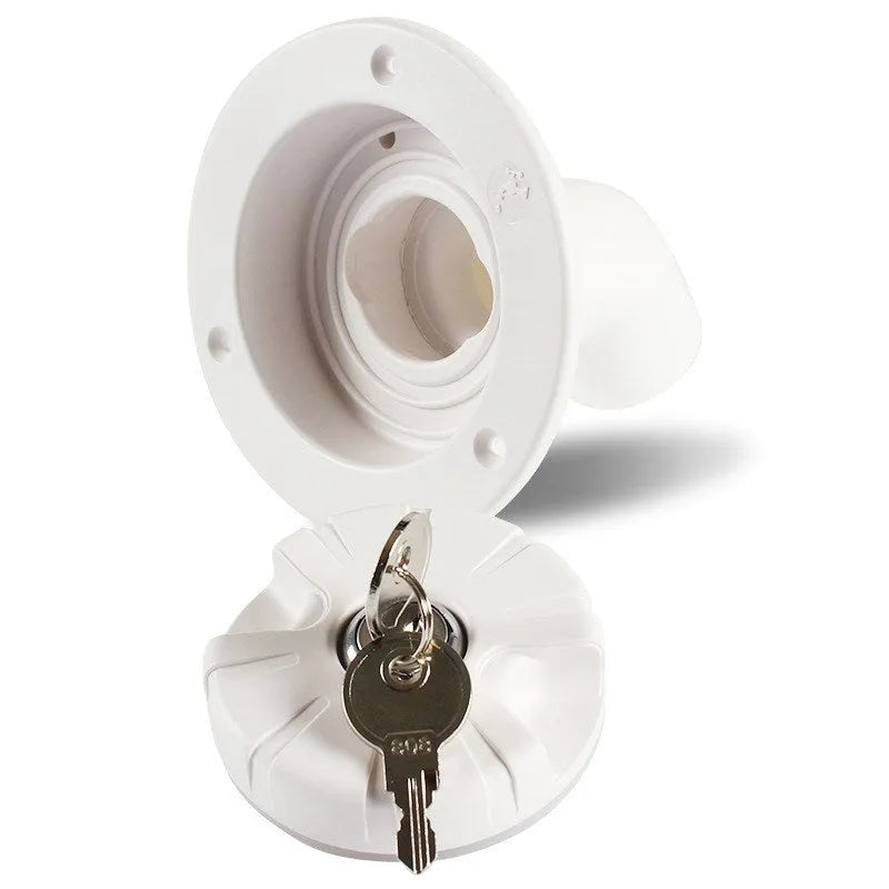 White RV gravity water filling port with 80mm mounting hole and 38mm hose connector
